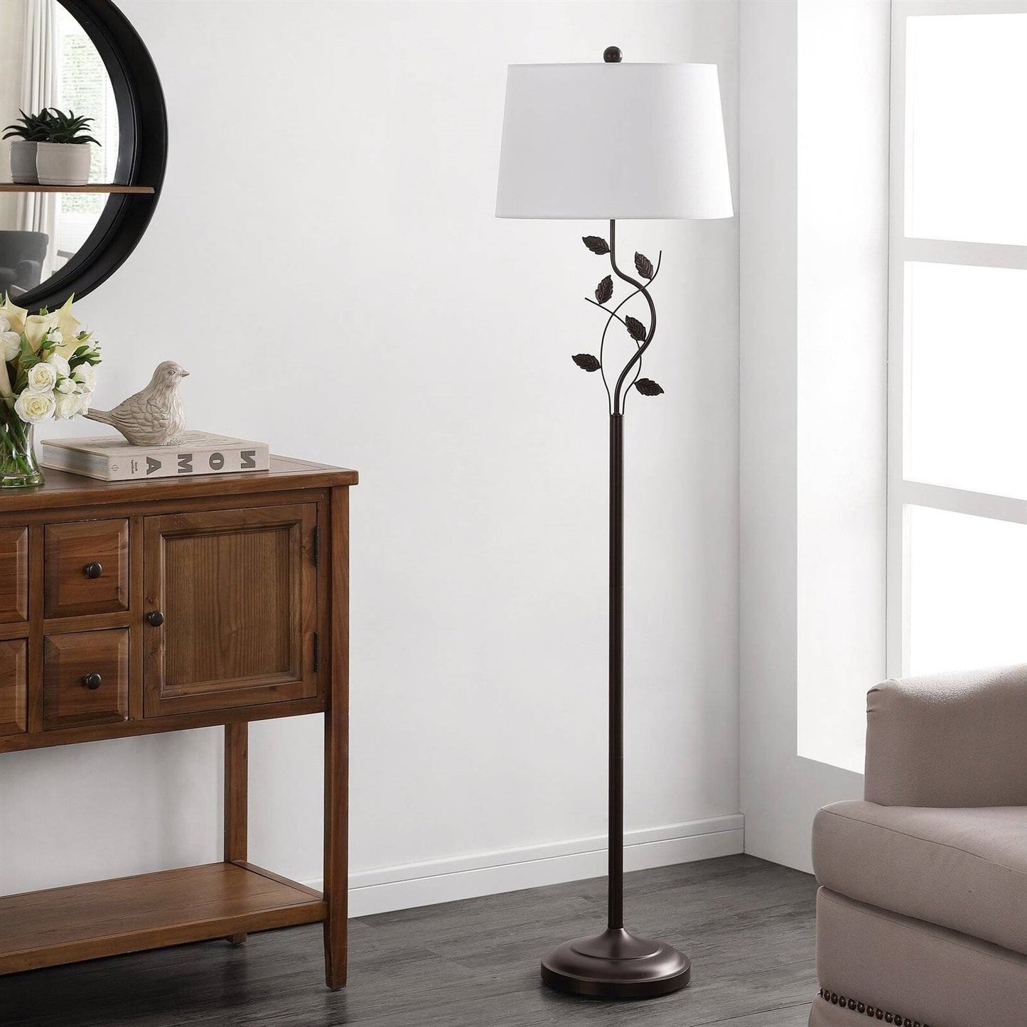 Vine Leaves Floor Lamp in Bronze Finish with White Shade
