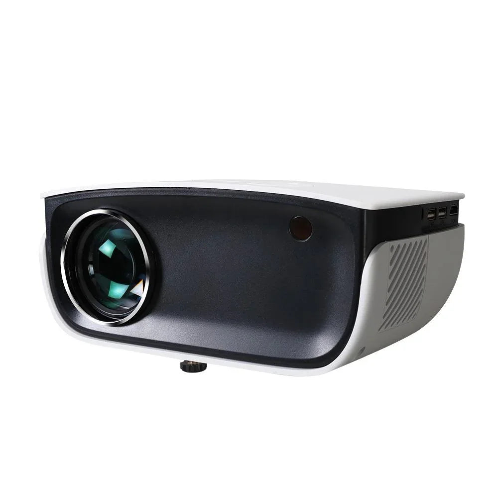 Devanti mini projector showing power button and USB port on the side.