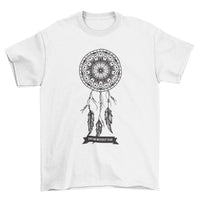 Turquoise T-shirt with handmade willow hoop dream catcher and 'Dream without fear' caption