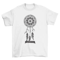 Turquoise tee showing full front view of dream catcher design with caption