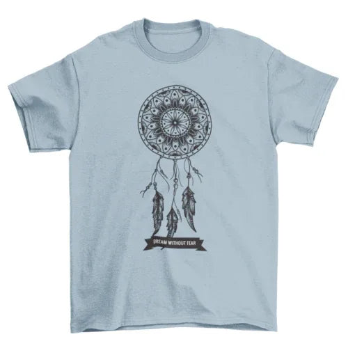 Close-up of dream catcher design with feathers and beads on turquoise T-shirt