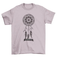 Close-up shot of white T-shirt dream catcher design highlighting feather details