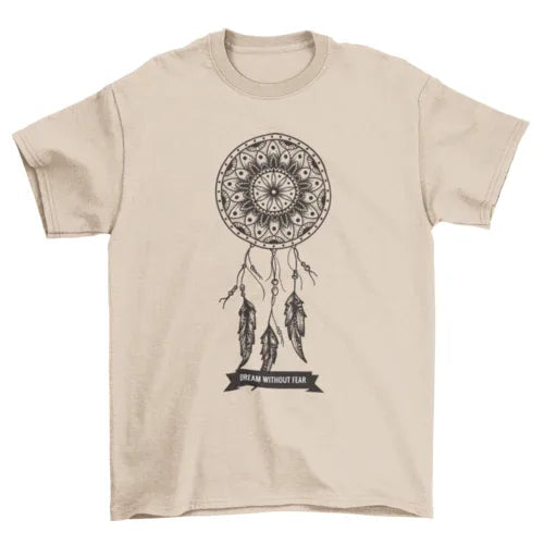 White T-shirt displaying a detailed dream catcher graphic with hanging feathers