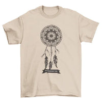 White T-shirt displaying a detailed dream catcher graphic with hanging feathers