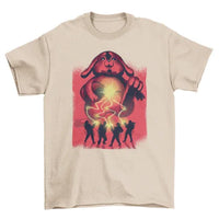 Black T-shirt showing side angle of futuristic virtual reality graphic with space design.