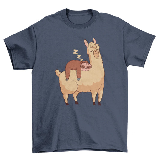 T-shirt with illustration of a sleeping sloth riding a llama against white background.
