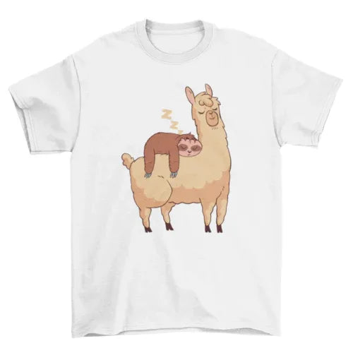 White T-shirt featuring a cute illustration of a sloth sleeping on a llama.