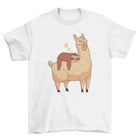 White T-shirt featuring a cute illustration of a sloth sleeping on a llama.