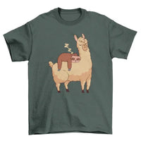 Turquoise T-shirt displaying sleeping sloth riding llama artwork on front.
