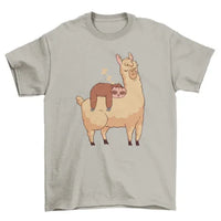 Illustration of a sloth sleeping over a llama printed on a light-colored T-shirt.