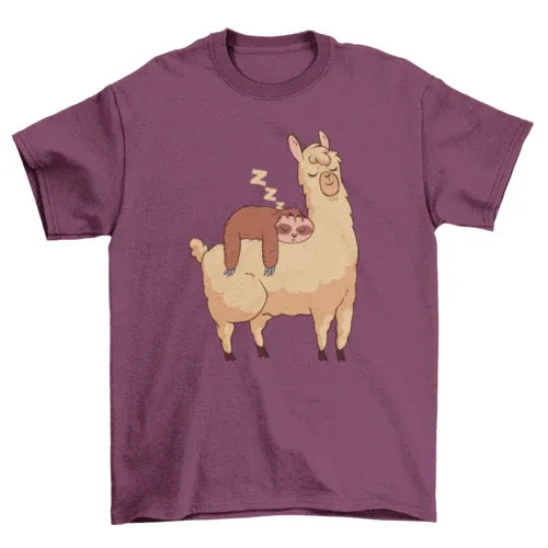 Sleeping Sloth Riding Llama Illustration T-shirt