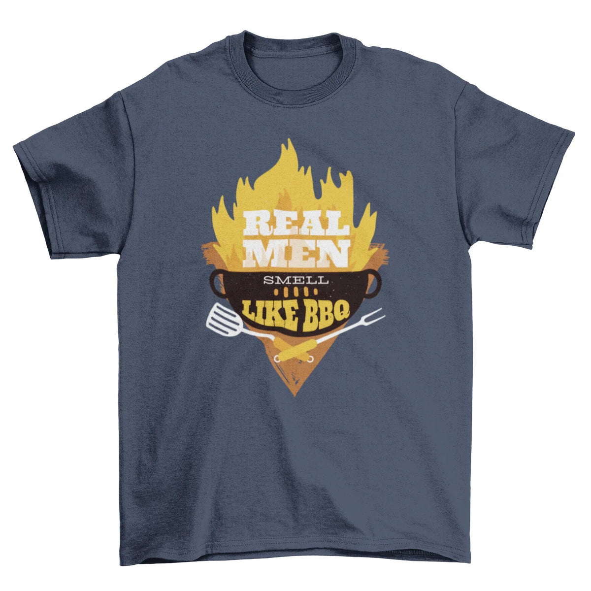 Black T-shirt with a BBQ grill illustration, flames, and text 'Real Men smell like bbq' in white.