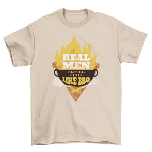 Side view of person wearing black BBQ-themed T-shirt with prominent white text on front.