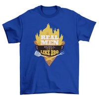 Man wearing black 'Real Men' BBQ graphic T-shirt, standing against a neutral background.