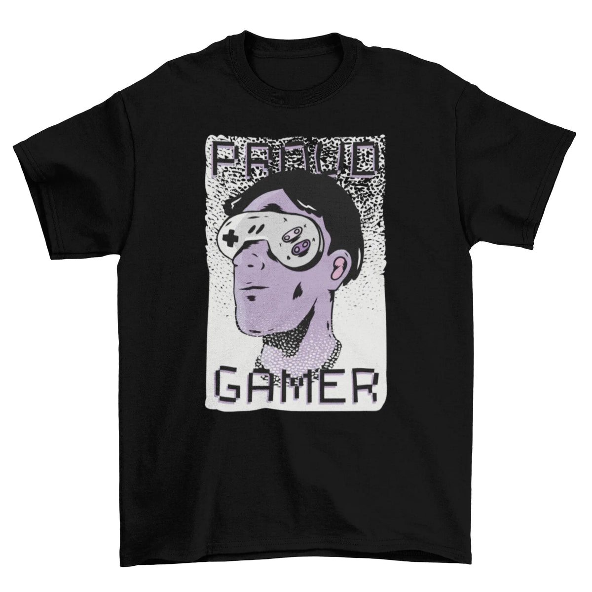 Proud Gamer T-shirt featuring man wearing console controller sunglasses with 'Proud Gamer' text
