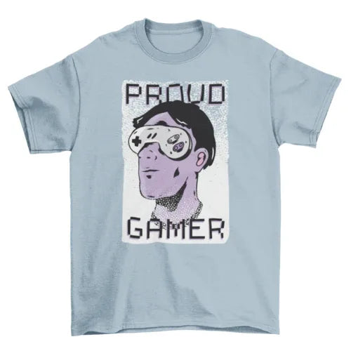 Folded Proud Gamer T-shirt displaying graphic of man with controller sunglasses and bold 'Proud Gamer' lettering