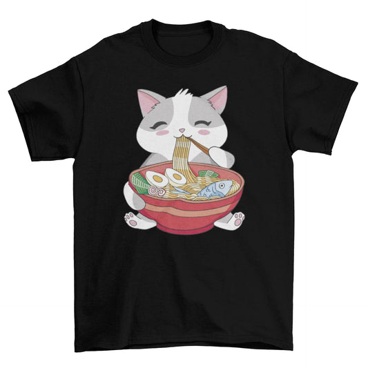 Black t-shirt featuring a graphic of a cat eating ramen with chopsticks.