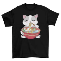 Black t-shirt spread flat displaying cat eating ramen graphic prominently on front.