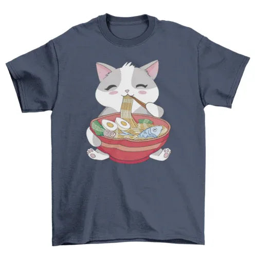 Back view of black cat ramen t-shirt highlighting the shirt’s plain design.