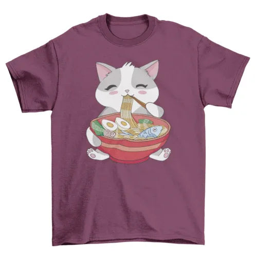 Close-up of cat ramen graphic on black t-shirt showing colorful noodles and steam.