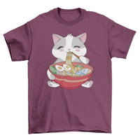 Close-up of cat ramen graphic on black t-shirt showing colorful noodles and steam.