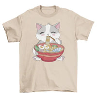 Side view of black t-shirt with cat eating ramen graphic worn by a model.