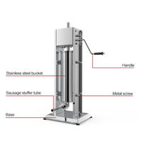 7L vertical sausage filler machine with handle and four different sized nozzles displayed.