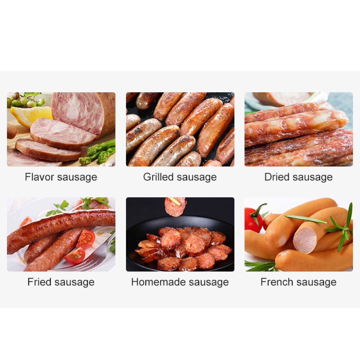 Four different sized stainless steel sausage filling nozzles arranged next to sausage stuffer.