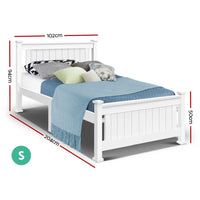Side angle showing sturdy pine wood slatted base of white single wooden bed frame.