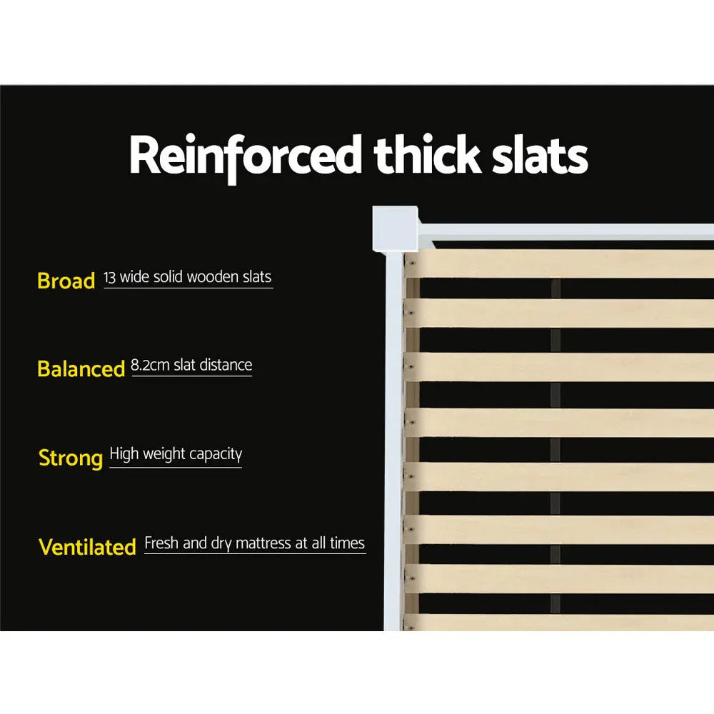 Durable plywood slatted base supporting white pine wood single bed frame.