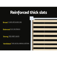 Durable plywood slatted base supporting white pine wood single bed frame.