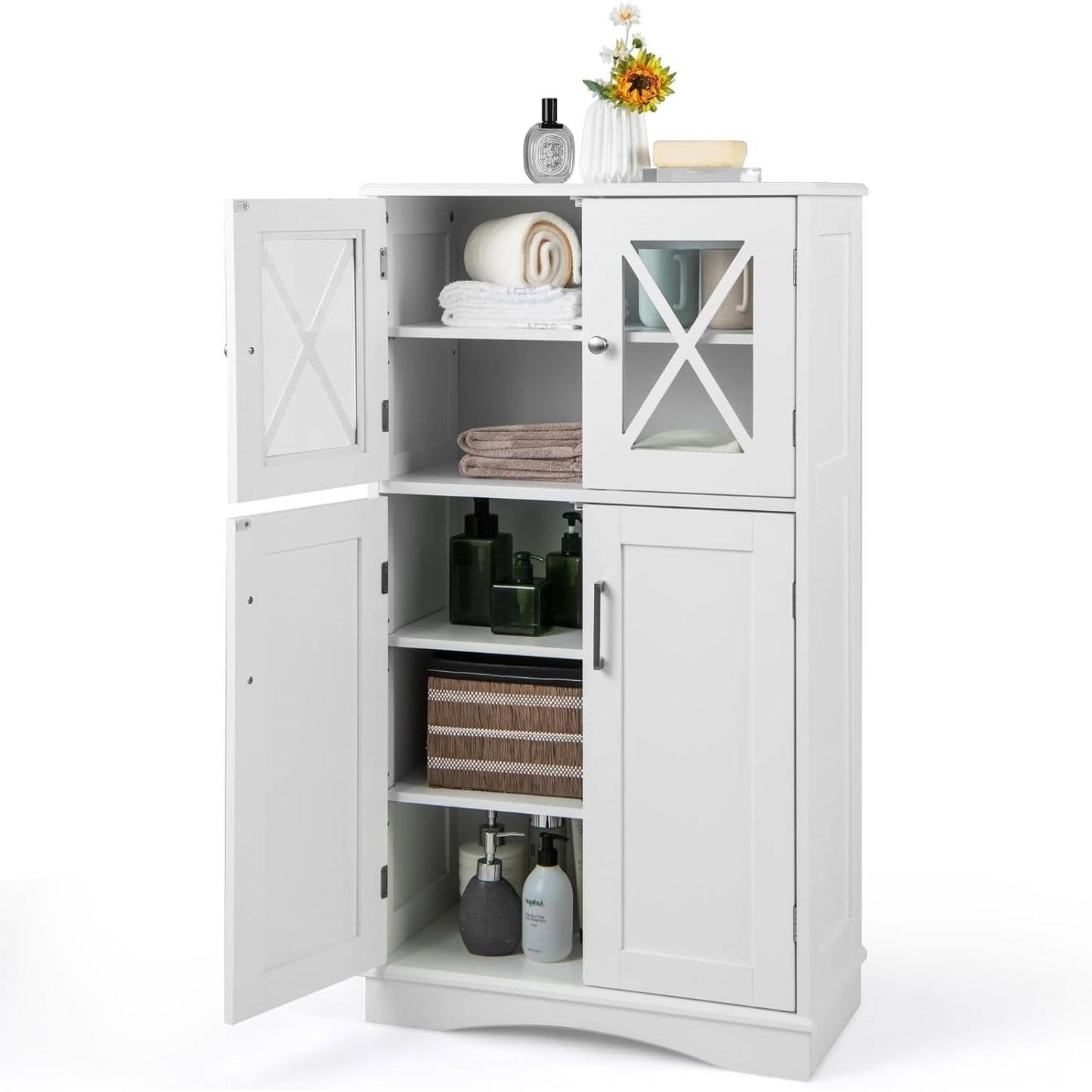 White Bathroom Towel Linen Cabinet with Glass Doors and Storage Shelves