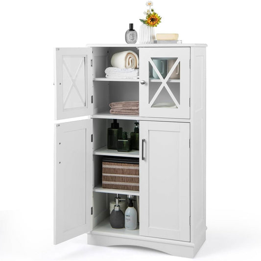 White Bathroom Towel Linen Cabinet with Glass Doors and Storage Shelves