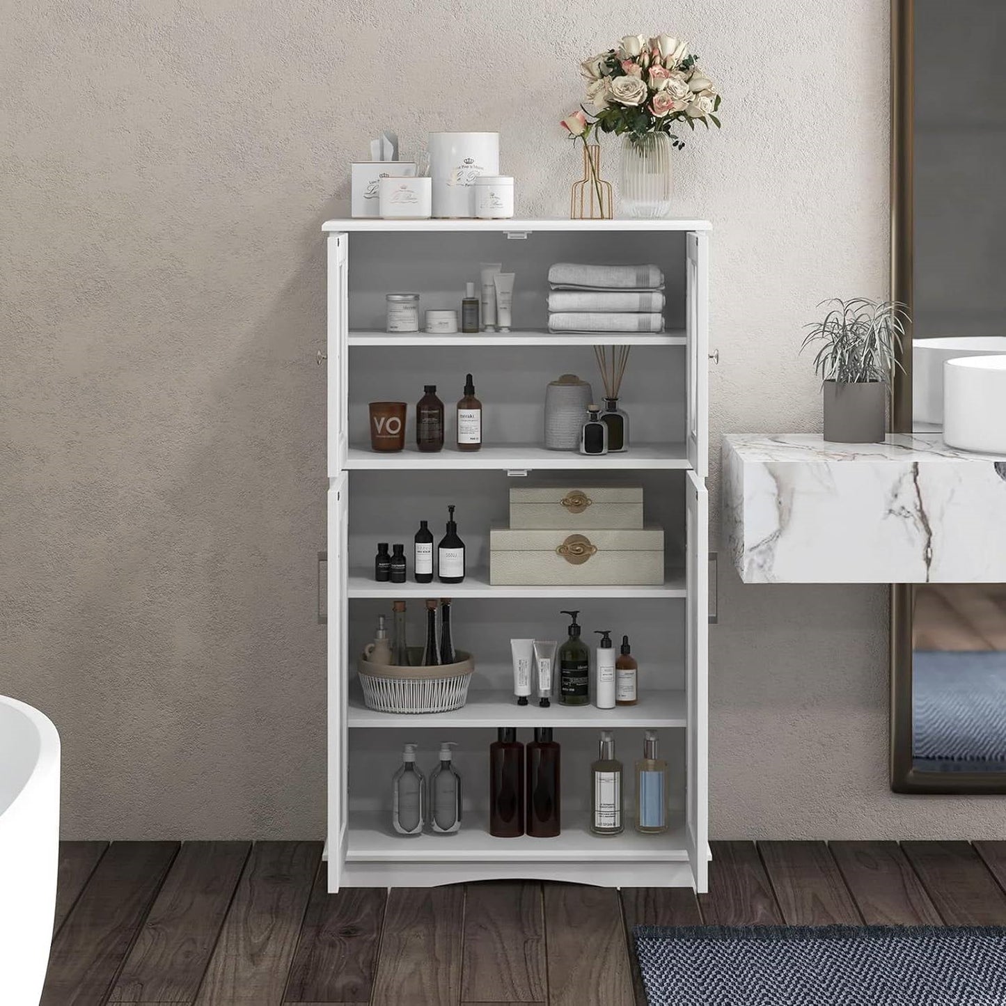 White Bathroom Towel Linen Cabinet with Glass Doors and Storage Shelves