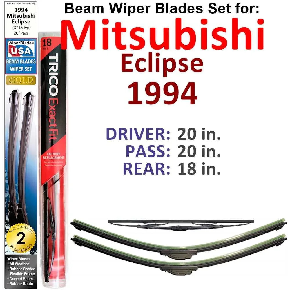 Beam Wiper Blades for 1994 Mitsubishi Eclipse (Set of 3) - Trustymall