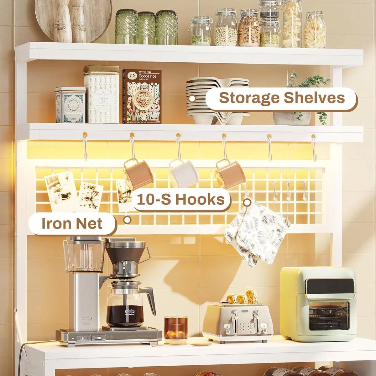 White Modern Industrial Kitchen Baker's Rack with Multi-Color LED Lights