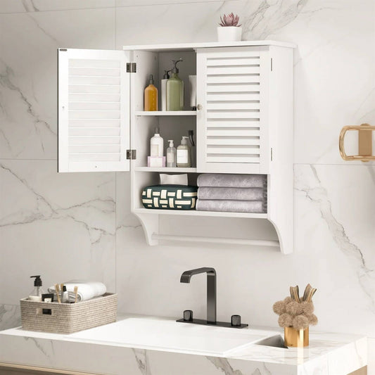 White Wall-Mounted Bathroom Storage Medicine Cabinet with Louver Doors