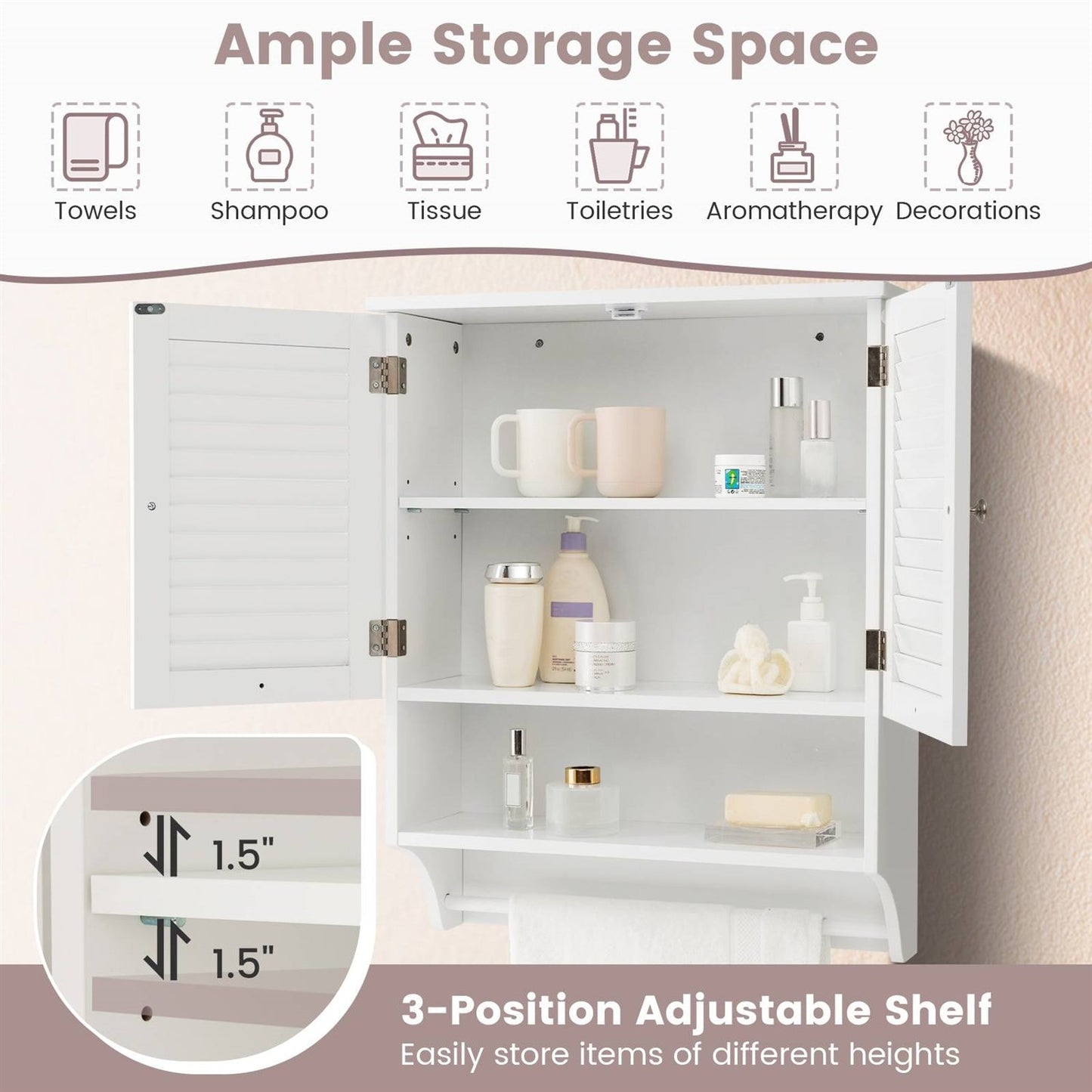 White Wall-Mounted Bathroom Storage Medicine Cabinet with Louver Doors