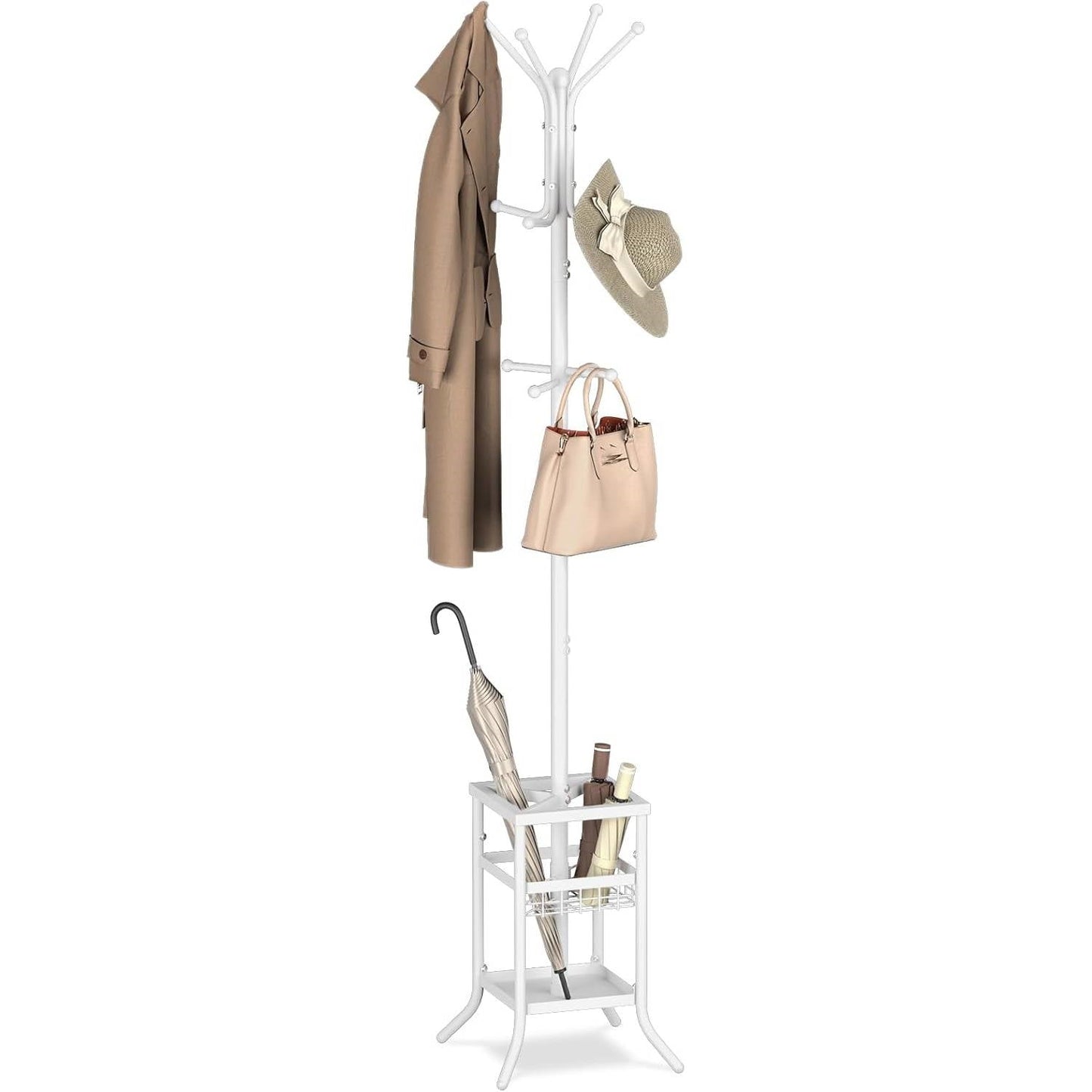 White Metal Coat Rack Entryway Hall Tree with Umbrella Holder