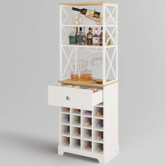 White/Natural Wine Bottle & Glass Rack Cabinet Bar Storage