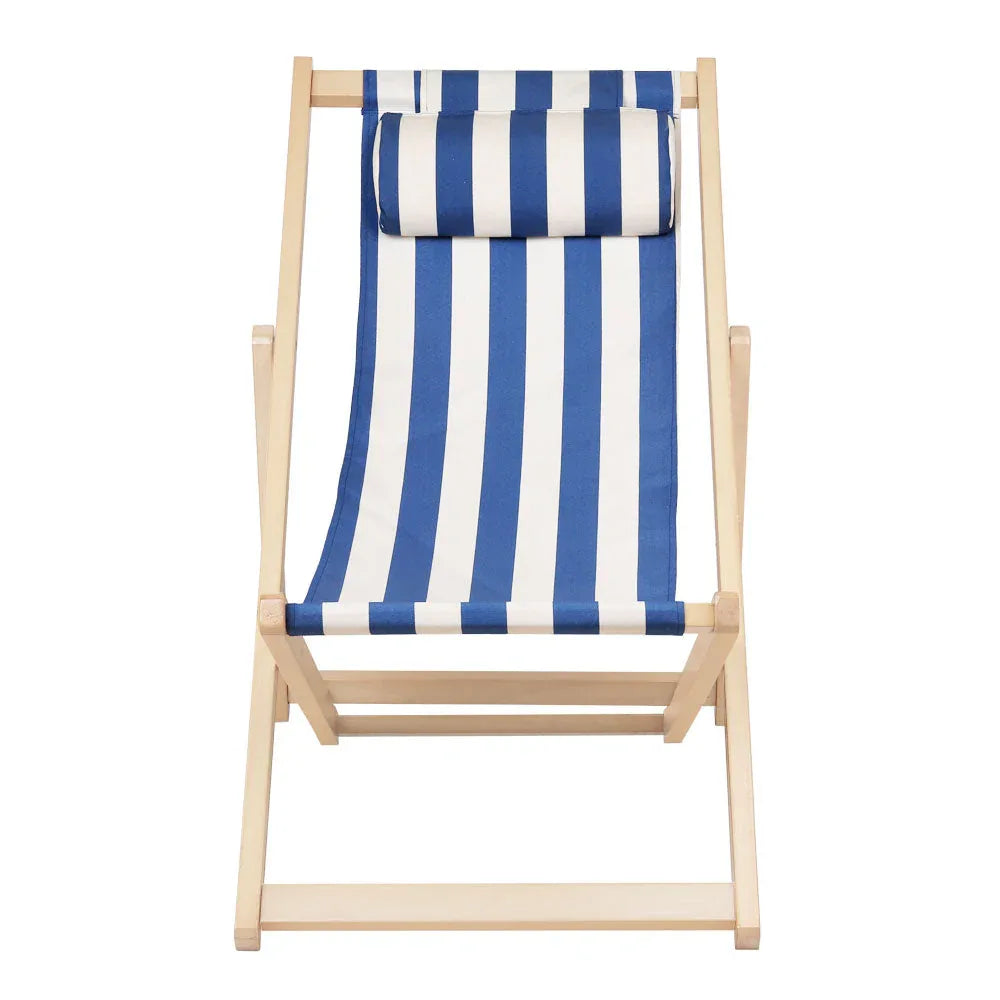 Close-up of chair’s blue and white striped fabric seat and wooden armrest