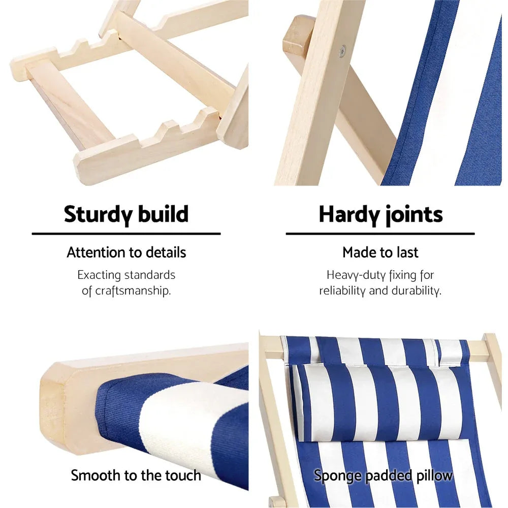 Foldable deck chair fully unfolded with blue and white striped sling fabric