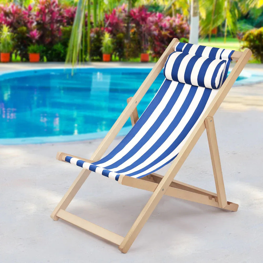 Blue and white striped outdoor chair leaning on white background