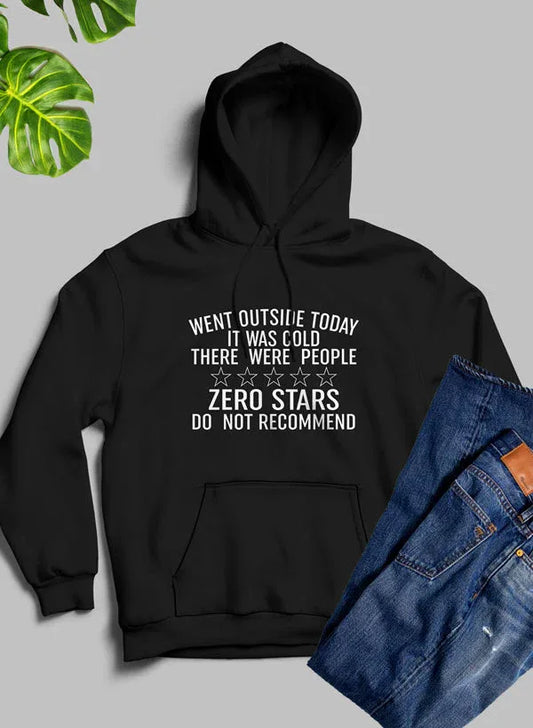 Close-up photo of a white hoodie with 'Went Outside Today' black text artwork on front.