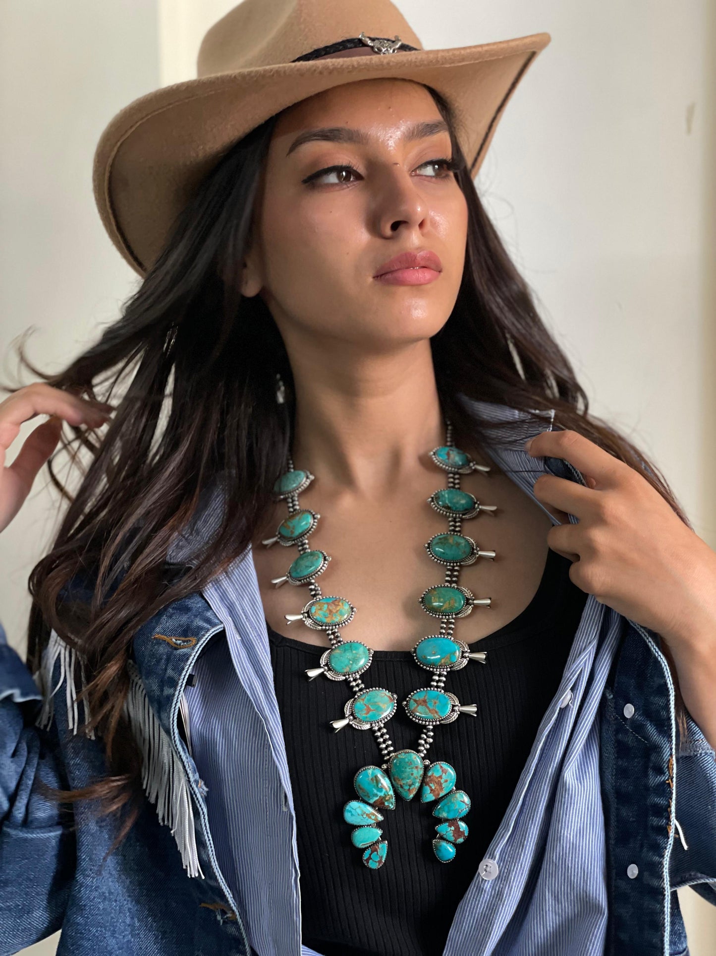 Handmade Sterling Silver Beaded Hardy Pit Squash Blossom Necklace with Signed Nizhoni