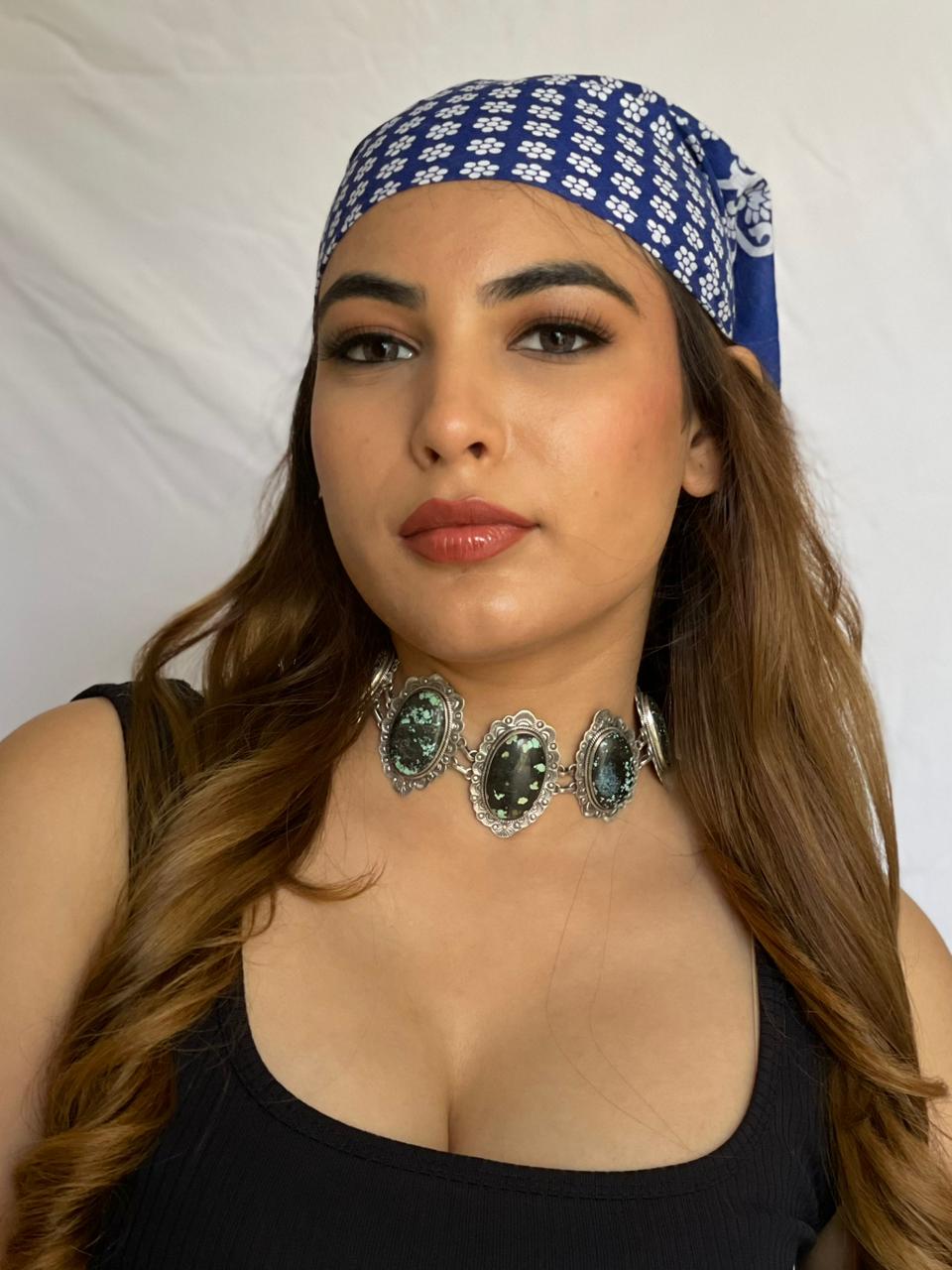 Handmade Sterling Silver Lander Turquoise Choker Necklace with Signed Nizhoni