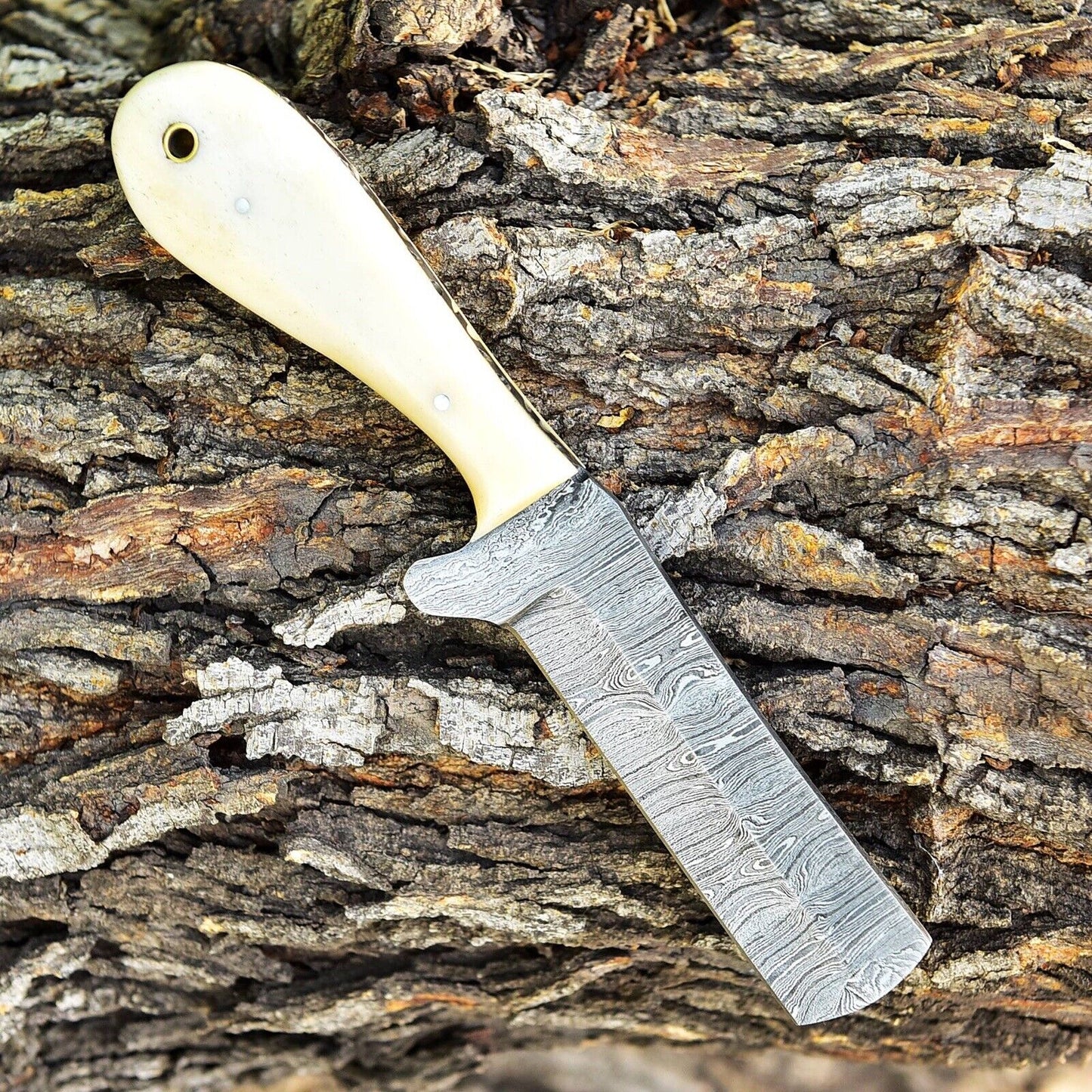 Gareth Bull Style Knife – 8" Damascus Steel Blade with Camel Bone Handle & Western Leather Sheath