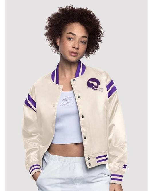 Women’s Minnesota Vikings Full-Snap Cream Satin Jacket