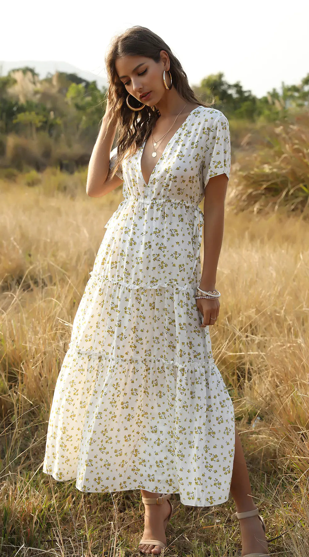 Bohemian Ruffled Floral Maxi Dress with V-Neck