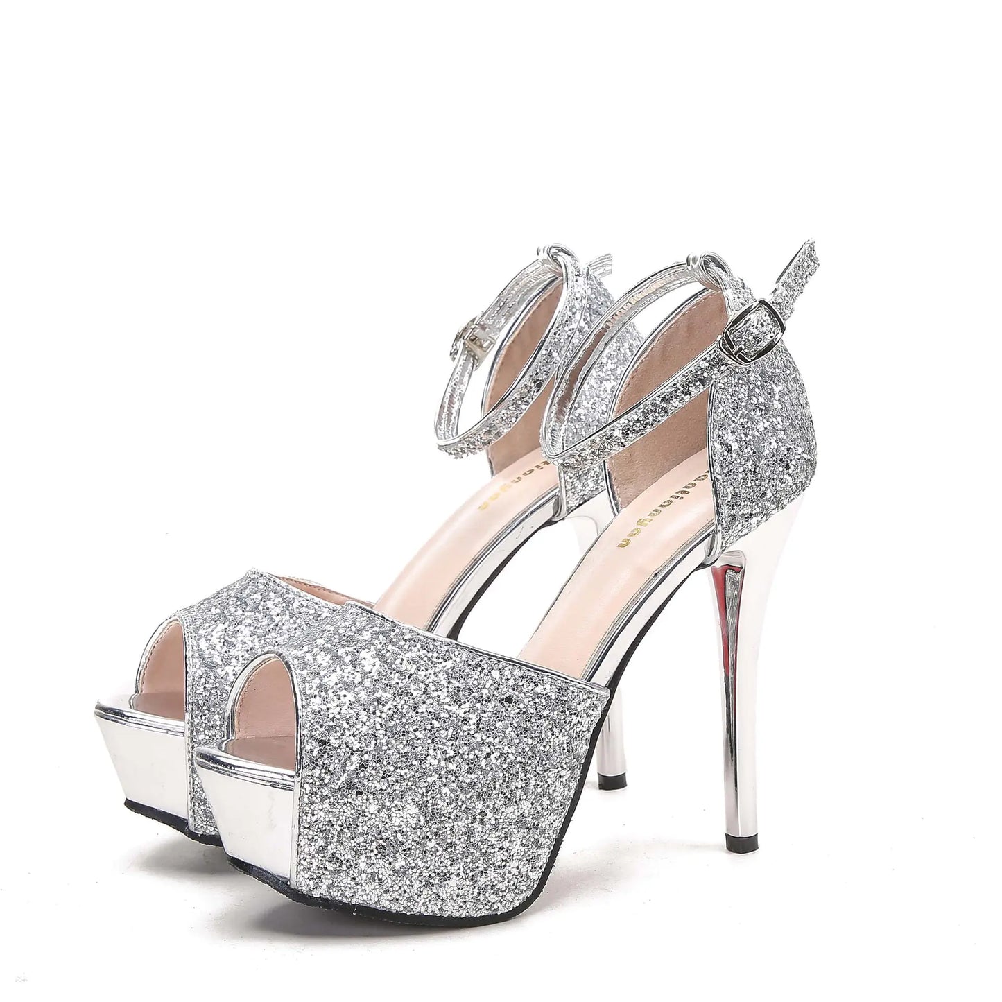 Trendy Metallic Sequin Peep-Toe High Heels Sandals